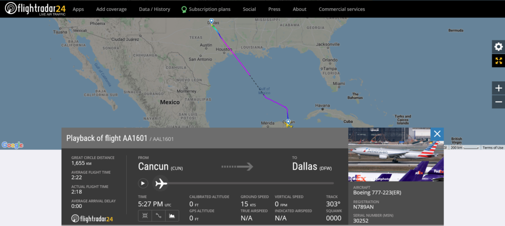 American Airlines flight AA1601 from Cancun to Dallas encountered a turbulence