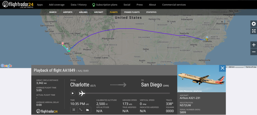 American Airlines flight AA1849 from Charlotte to San Diego diverted to Los Angeles