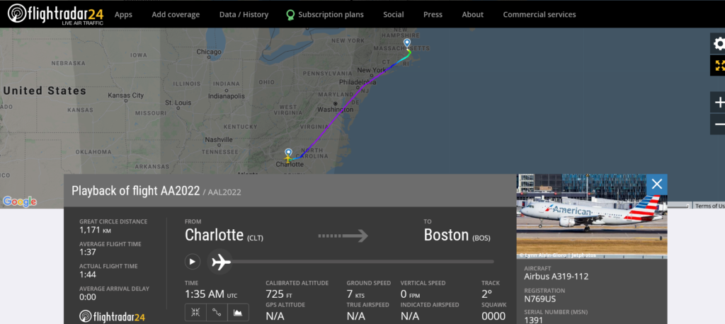 American Airlines flight AA2022 from Charlotte to Boston suffered hydraulic issue