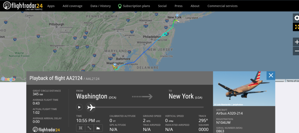 American Airlines flight AA2124 from Washington New York – LaGuardia diverted to New York - John F. Kennedy due to hydraulic issue