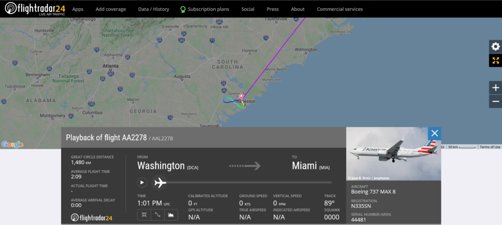 American Airlines flight AA2278 from Washington to Miami diverted to Charleston due to medical emergency