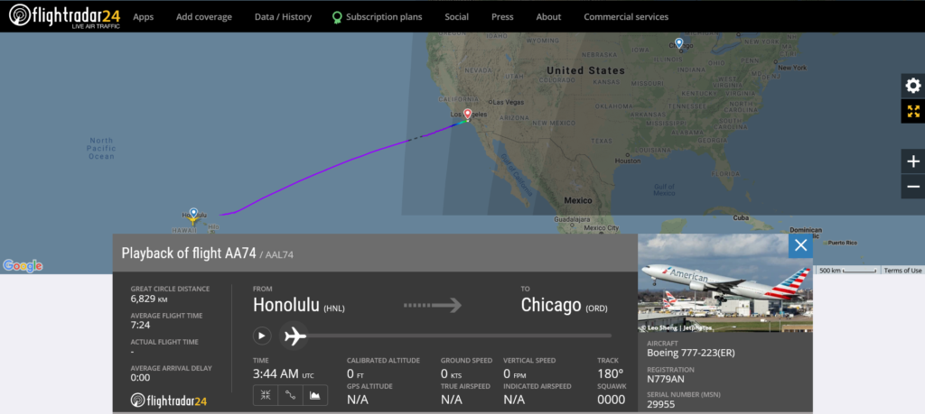 American Airlines flight AA74 from Honolulu to Chicago diverted to Los Angeles due to tyre pressure issue