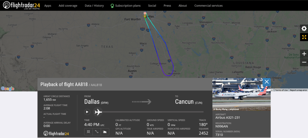 American Airlines flight AA818 from Dallas to Cancun returned to Dallas due to an engine issue