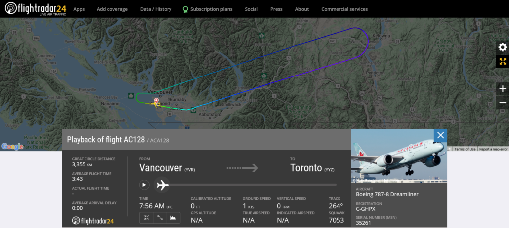 Air Canada flight AC128 from Vancouver to Toronto returned to Vancouver due to cracked windshield