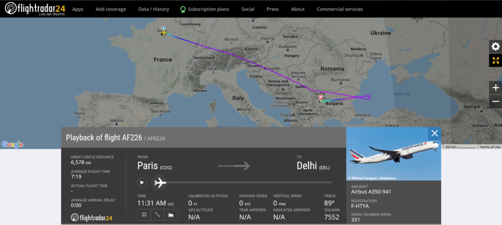 Air France flight AF226 from Paris to Delhi diverted to Sofia due to a disruptive passenger