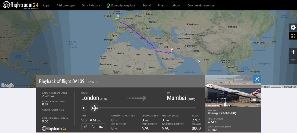 British Airways flight BA139 from London to Mumbai diverted to Kuwait City due to a medical emergency