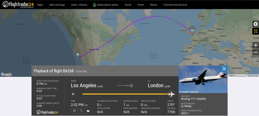 British Airways flight BA268 from Los Angeles to London declared an emergency and requested priority landing due to medical emergency