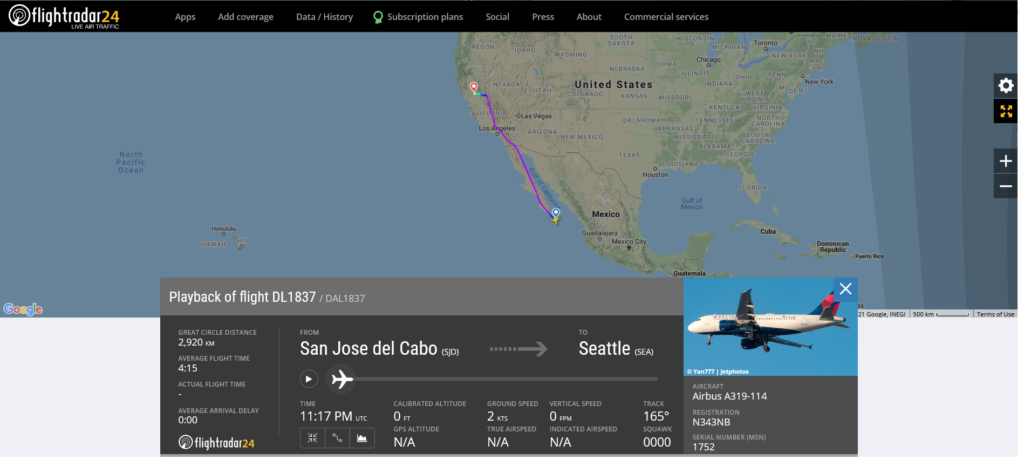 Delta Air Lines flight DL1837 from San Jose del Cabo to Seattle diverted to Sacramento due to medical emergency