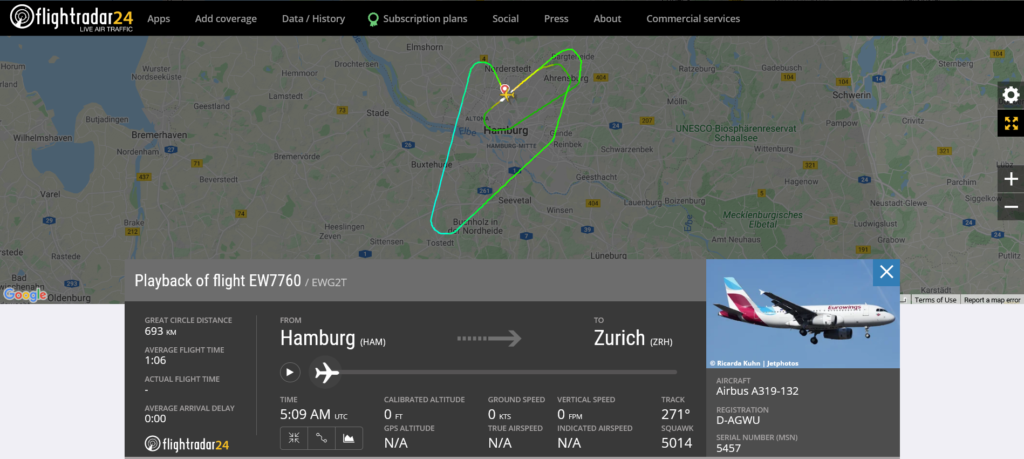 Eurowings flight EW7760 from Hamburg to Zurich returned to Hamburg due to landing gear issue