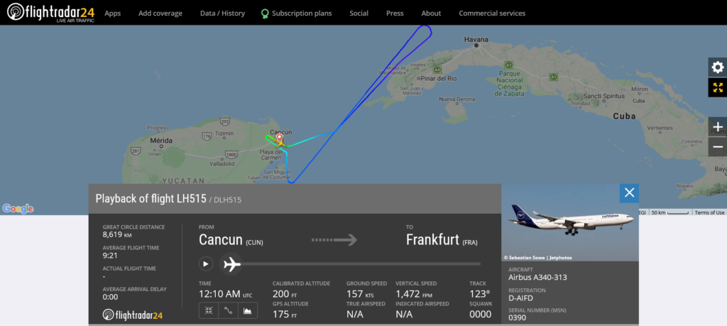 Lufthansa flight LH515 from Cancun to Frankfurt returned to Cancun due to engine issue