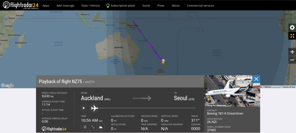 Air New Zealand flight NZ75 from Auckland to Seoul returned to Auckland due to computer issue