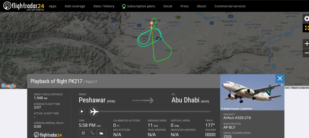 Pakistan International Airlines flight PK217 from Peshawar to Abu Dhabi returned to Peshawar due to technical issue
