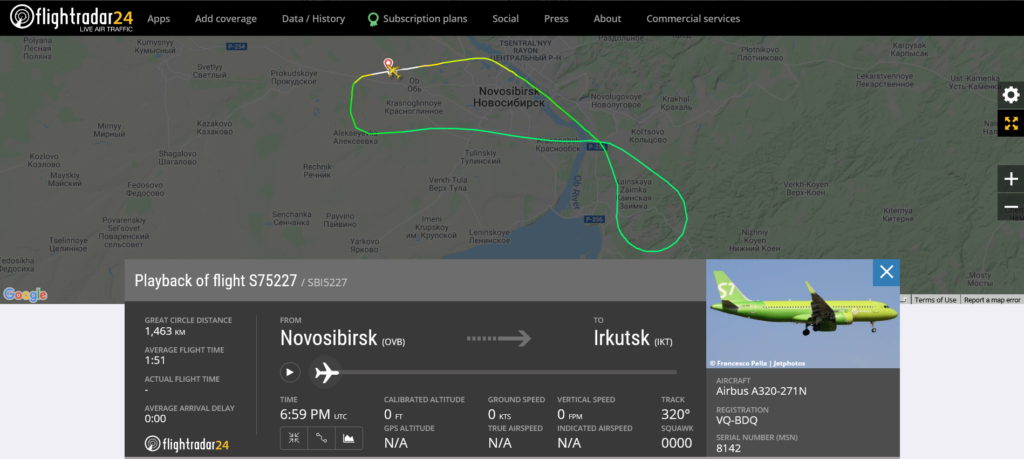 S7 Airlines flight S75227 from Novosibirsk to Irkutsk returned to Novosibirsk after engine shut down