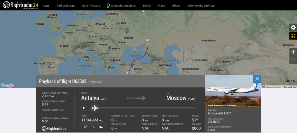 Ural Airlines flight U63002 from Antalya to Moscow diverted to Rostov-on-Don after an engine shut down