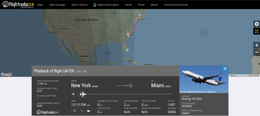 United Airlines flight UA728 from New York to Miami diverted to Charleston due to passenger disturbance