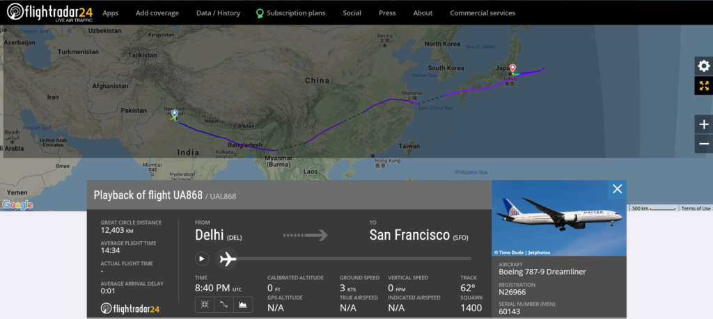 United Airlines flight UA868 from Delhi to San Francisco diverted to Tokyo due to customer service matter in the cabin