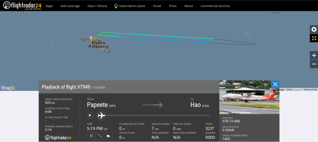 Air Tahiti flight VT949 from Papeete to Hao returned to Papeete due to technical issue