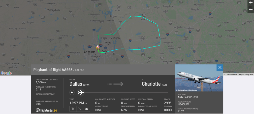 American Airlines flight AA665 from Dallas to Charlotte returned to Dallas due to lightning strike