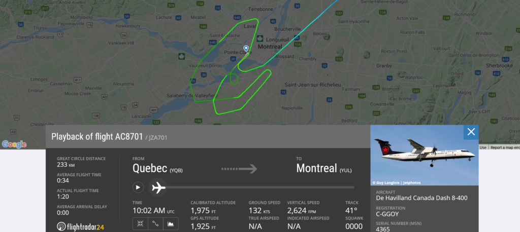 Air Canada flight AC8701 from Quebec to Montreal received unsafe gear indication