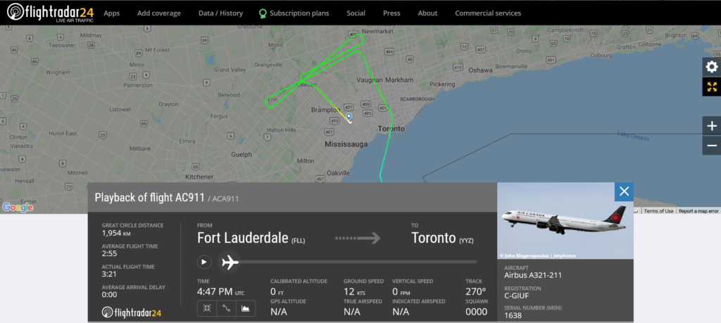 Air Canada flight AC911 from Fort Lauderdale to Toronto suffered flaps issue