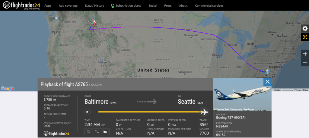 Alaska Airlines flight AS765 from Baltimore to Seattle declared an emergency and diverted to Missoula due to medical emergency