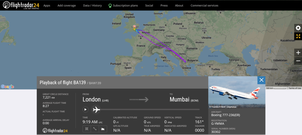 British Airways flight BA139 from London to Mumbai returned to London due to a weather radar issue