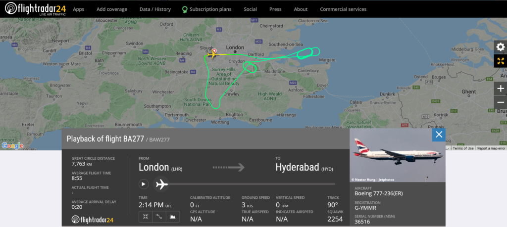 British Airways flight BA277 from London to Hyderabad returned to London due to technical issue