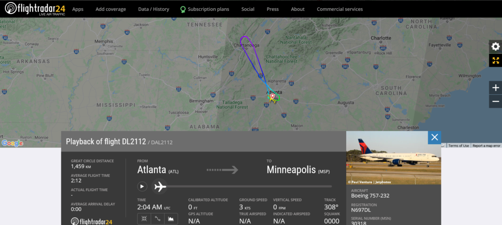 Delta Air Lines flight DL2112 from Atlanta to Minneapolis returned to Atlanta