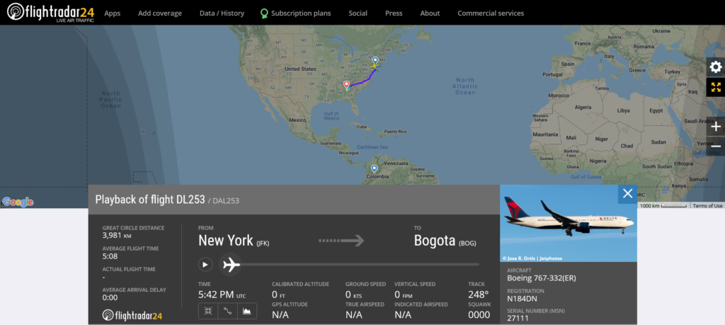 Delta Air Lines flight DL253 from New York to Bogota diverted to Atlanta
