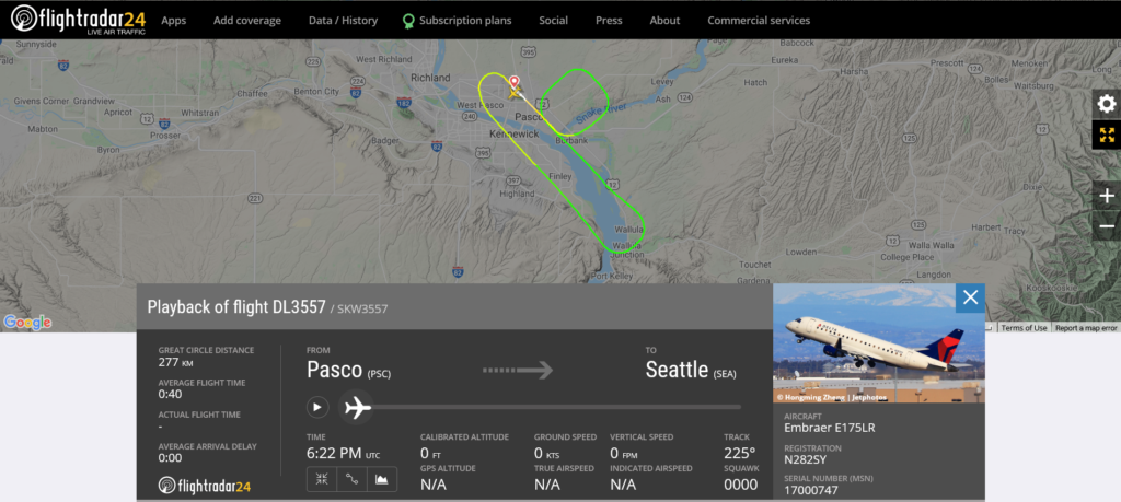 Delta Air Lines flight DL3557 from Pasco to Seattle returned to Pasco due to bird strike