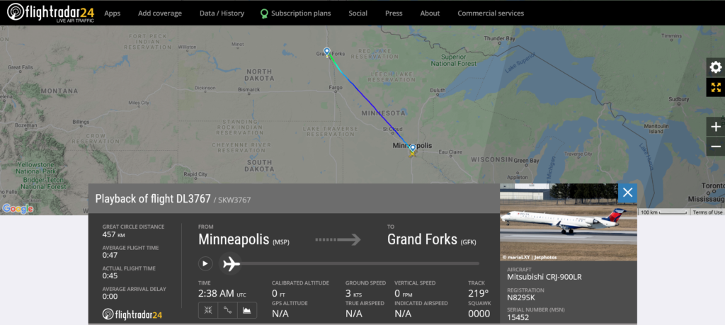 Delta Air Lines flight DL3767 from Minneapolis to Grand Forks suffered a bird strike