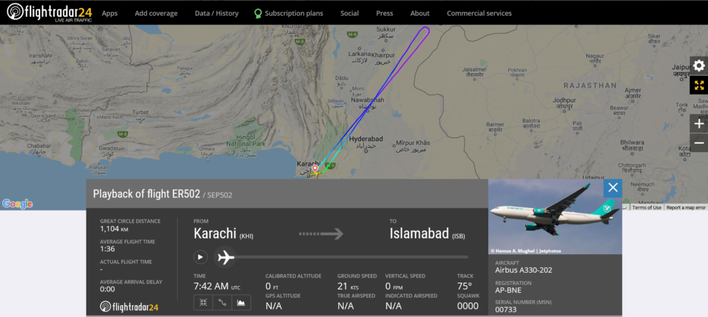 Serene Air flight ER502 from Karachi to Islamabad returned to Karachi due to engine issue