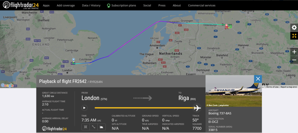 Ryanair flight FR2642 from London to Riga declared an emergency and diverted to Bremen