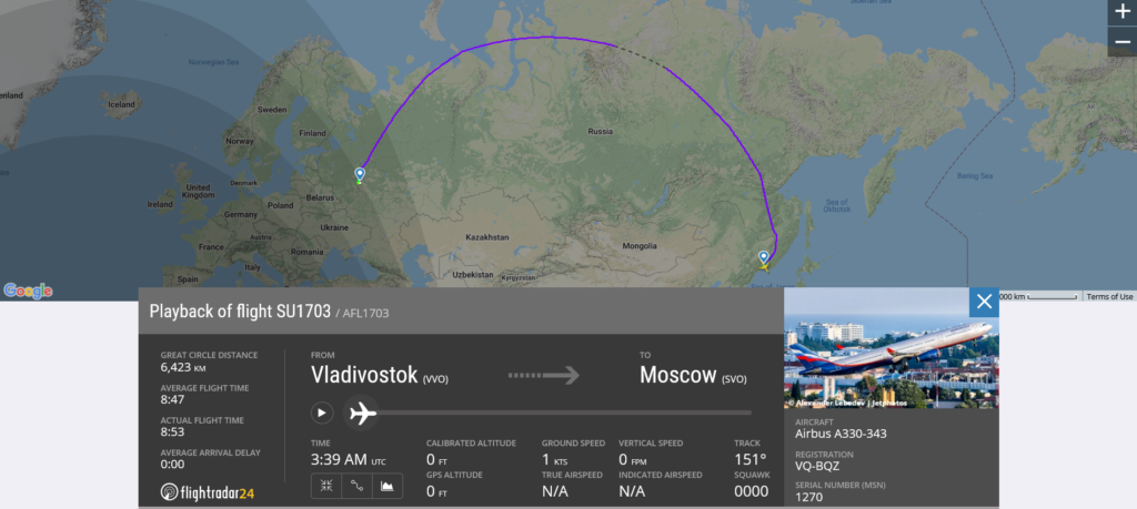 Aeroflot flight SU1703 from Vladivostok to Moscow suffered lightning strike