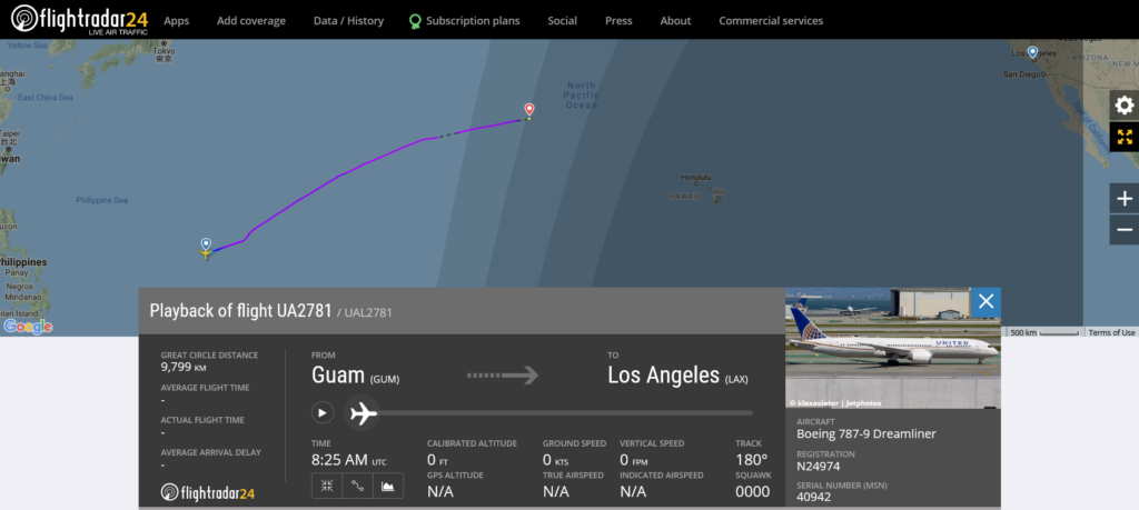 United Airlines flight UA2781 from Guam to Los Angeles diverted to Midway Atoll due to mechanical issue