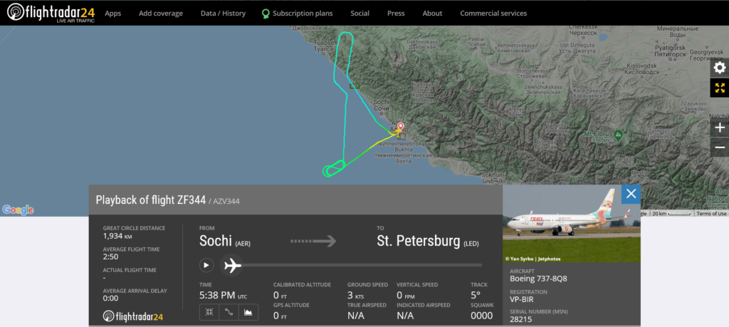 Azur Air flight ZF344 from Sochi to St. Petersburg returned to Sochi due to pressurisation issue