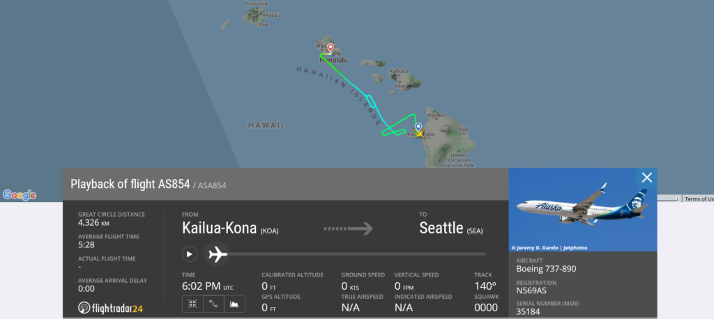 Alaska Airlines flight AS854 from Kailua-Kona to Seattle diverted to Honolulu due to technical issue