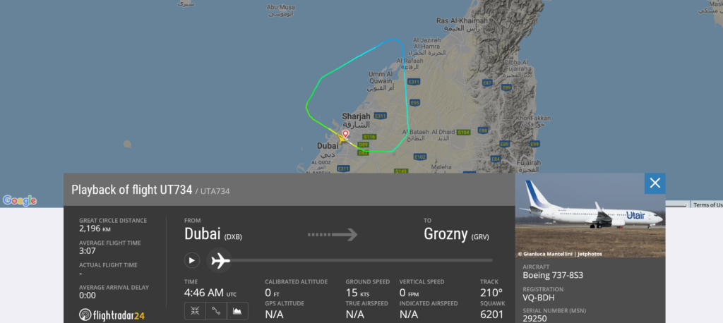 UTAir flight UT734 from Dubai to Grozny returned to Dubai due to landing gear issue