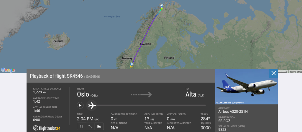 SAS flight SK4546 from Oslo to Alta suffered bird ingestion