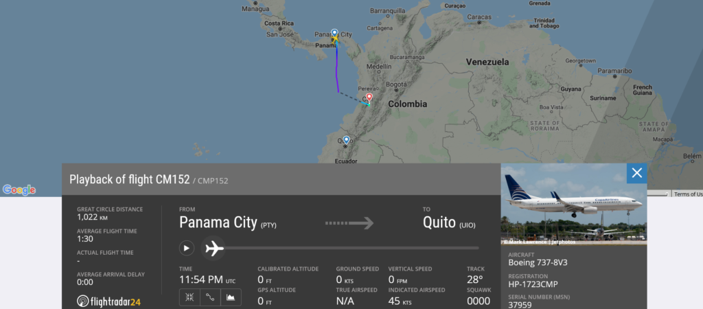 Copa Airlines flight CM152 from Panama City to Quito diverted to Cali due to cargo smoke indication