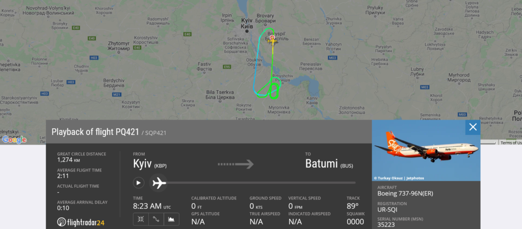 SkyUp flight PQ421 from Kyiv to Batumi returned to Kyiv due to odor on board