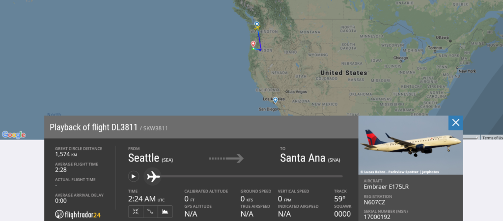 Delta Air Lines flight DL3811 from Seattle to Santa Ana diverted to Eugene due to mechanical issue