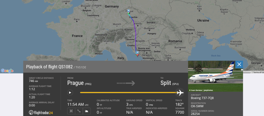 Smartwings flight QS1082 from Prague to Split declared an emergency and landed safely at Split after bomb threat