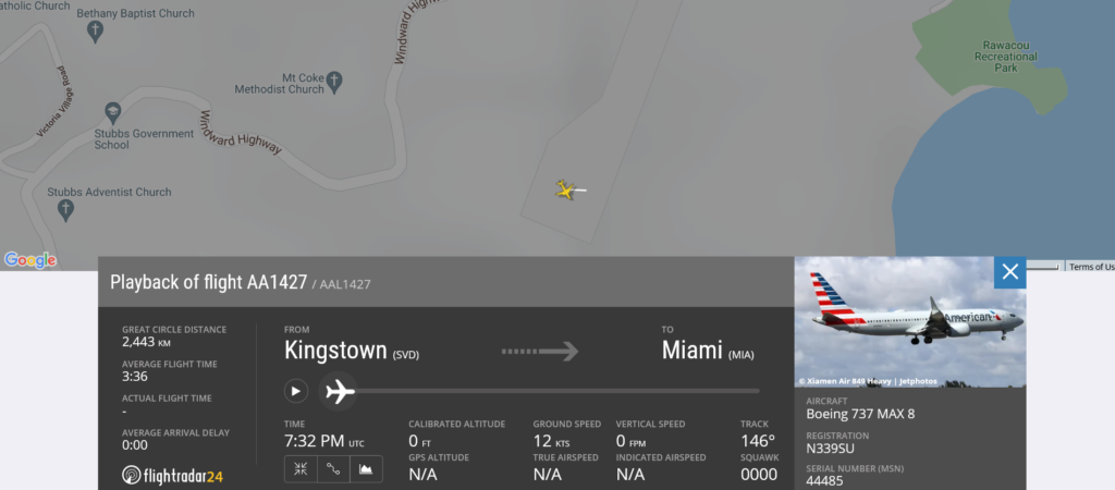 American Airlines flight AA1427 from Kingstown to Miami rejected takeoff due to to bird strike