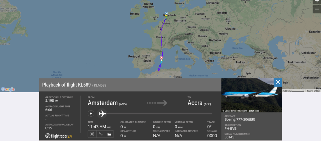 KLM flight KL589 from Amsterdam to Accra diverted to Palma de Mallorca due to smoke indication in cargo hold