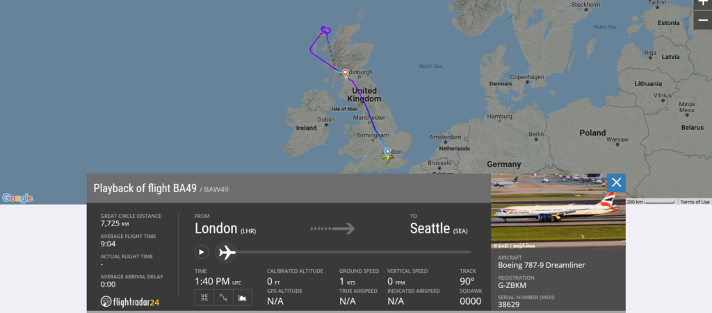British Airways flight BA49 from London to Seattle diverted to Glasgow due to technical issue