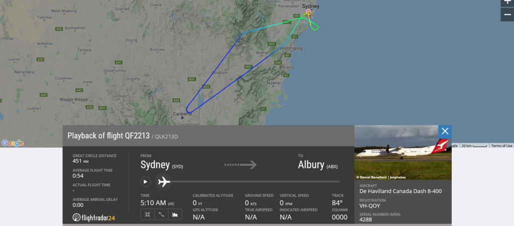 Qantas flight QF2213 from Sydney to Albury returned to Sydney due to landing gear issue