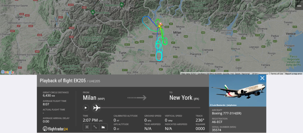 Emirates flight EK205 from Milan to New York returned to Milan due to a hail strike