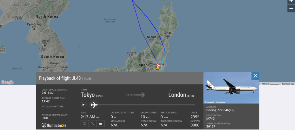 Japan Airlines flight JL43 from Tokyo to London returned to Tokyo due to cracked windshield
