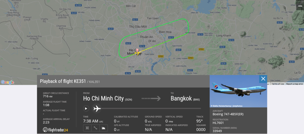 Korean Air flight KE351 returned to Ho Chi Minh City due to landing gear issue